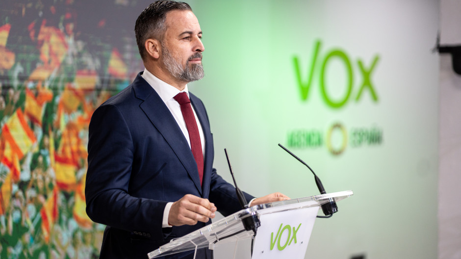 El presidente de Vox, Santiago Abascal en la sede nacional del partido