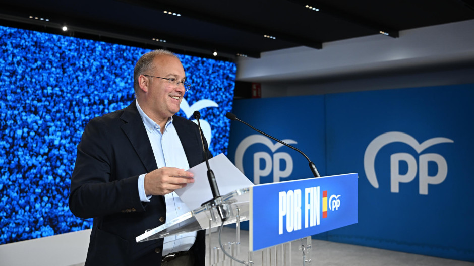 Miguel Tellado, durante la rueda de prensa posterior a la primera reunión del Comité de Campaña que el Partido Popular