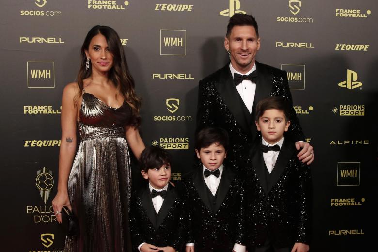 Soccerplayer Lionel Messi, his wife Antonela Roccuzzo and their sons Thiago, Matteo and Ciro during the 65th Ballon d'Or ceremony at Theatre du Chatelet, in Paris, Monday, Nov. 29, 2021