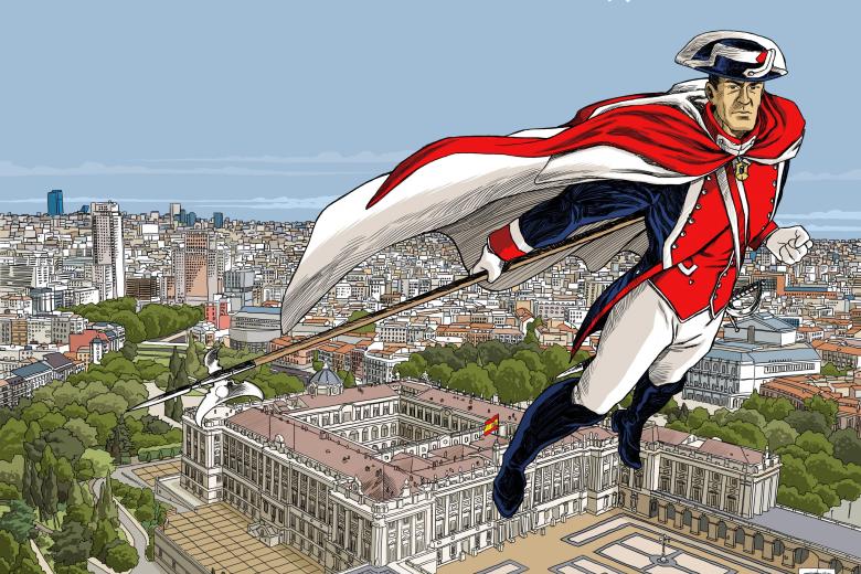 El superhéroe alabardero, abriendo el calendario de 2022 de la Guardia de S.M. el Rey.