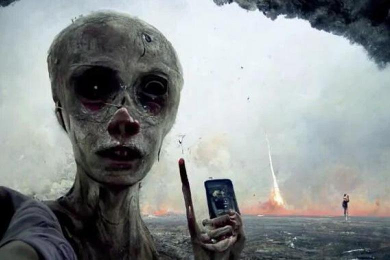 Un ser humano decrépito se toma un selfi en el fin del mundo