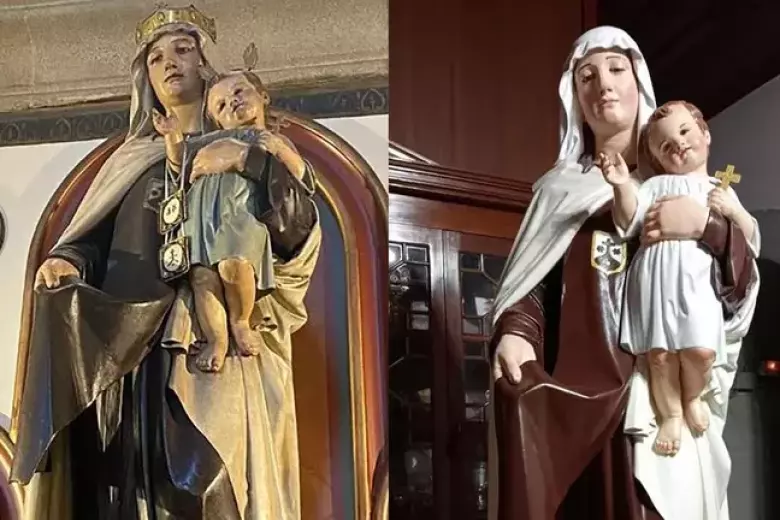 La imagen de la Virgen del Carmen a la izquierda, como estaba antes de ser retocada. A la derecha, la talla de Brocos tras la restauración
