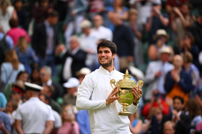Tennisplayer Carlos Alcaraz with trophy during final match Wimbledon 2023,  London, Britain - July 16, 2023