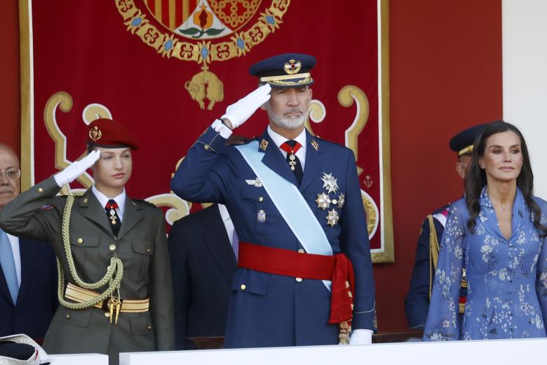 SPanish King Felipe VI and Letizia with Princess Leonor de Borbon attending a military parade during the known as Dia de la Hispanidad, Spain's National Day, in Madrid, on Thursday 12, October 2023.