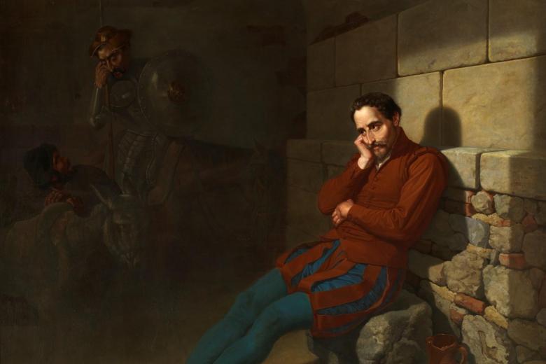 Miguel de Cervantes imaginando El Quijote, Mariano de la Roca y Delgado (1858)