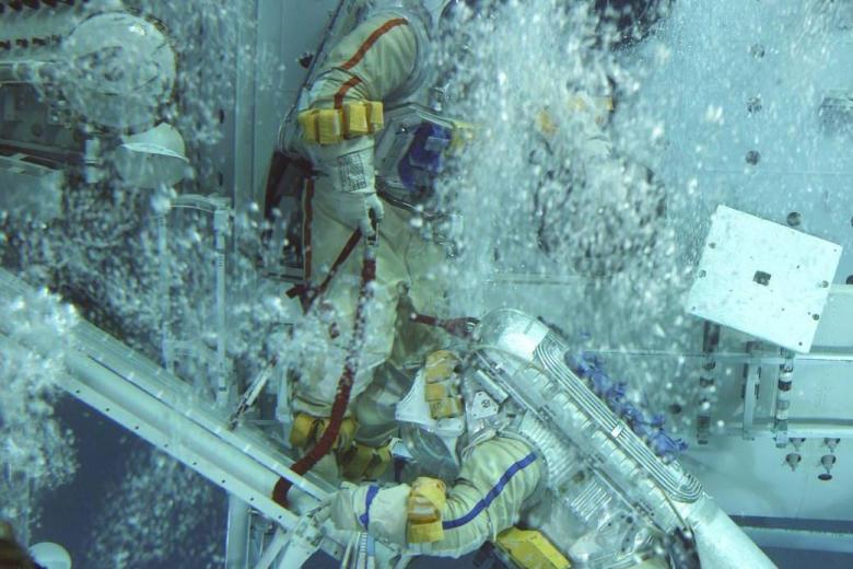 El cosmonauta Mikhail Tyurin, ingeniero de vuelo en representación de la Agencia Espacial Federal de Rusia, y el astronauta Michael E. López-Alegría (abajo), comandante de la Expedición 14 y oficial científico de la estación espacial de la NASA, ensayando una actividad extravehicular con un modelo de entrenamiento a escala real de la Estación Espacial Internacional.