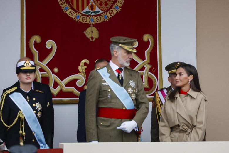 Spanish King Felipe VI and Queen Letizia attending a military parade during the known as Dia de la Hispanidad, Spain's National Day, in Madrid, on Saturday 12, October 2024.