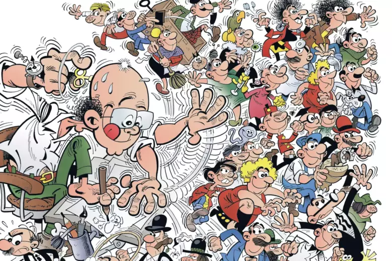 Caricatura de Francisco Ibáñez junto a sus personajes