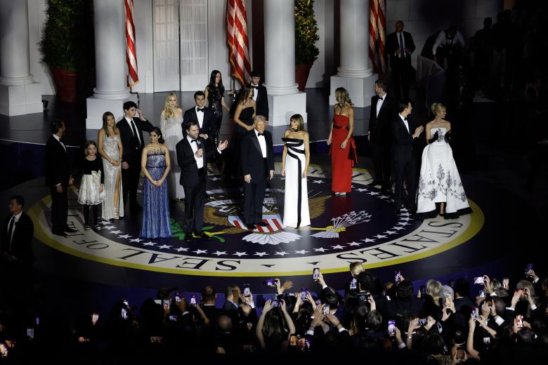 WASHINGTON, DC - JANUARY 20: Vice President JD Vance, Usha Vance, Tiffany Trump, Michael Boulos, Melania Trump, President Donald Trump, Lara Trump, Eric Trump, Ivanka Trump and Jared Kushner at the Liberty Ball on January 20, 2025 in Washington, DC. President Trump attends some of the inaugural balls after taking the oath as the 47th president. Anna Moneymaker/Getty Images/AFP (Photo by Anna Moneymaker / GETTY IMAGES NORTH AMERICA / Getty Images via AFP)