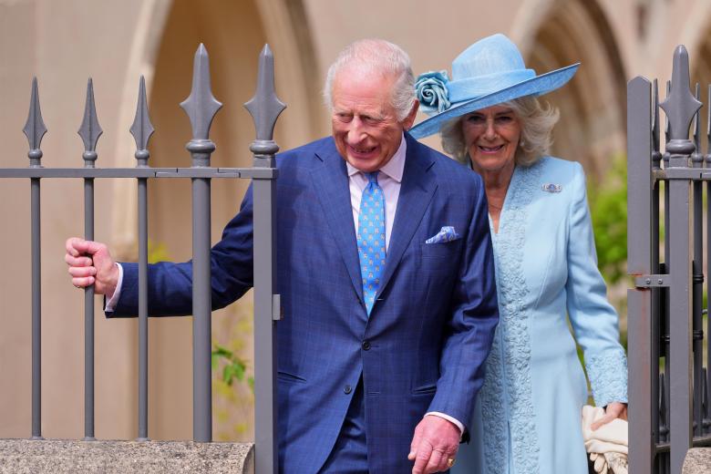 Britain's King Charles III and Britain's Queen Camilla leaves after attending the Easter Matins service at St George's Chapel at Windsor Castle, in Windsor on April 20, 2025. (Photo by Kirsty Wigglesworth / POOL / AFP)