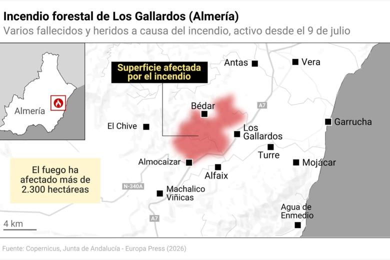 Superficie afectada por el incendio declarado en Los Gallardos (Almería)
