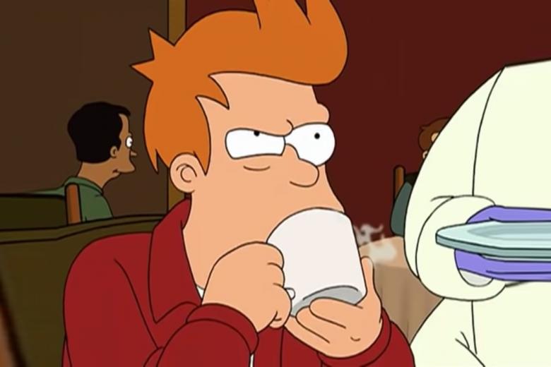El premio al personaje más adicto a la cafeína en las series de televisión es para Fry, de Futurama, la serie de animación creada por Matt Groening. Es lo que tiene tomarse 100 tazas de café en un solo episodio