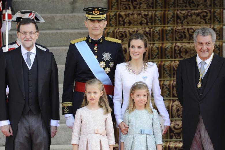 Spanish King Felipe VI and spanish Queen Letizia with daughters Leonor and Sofía of Borbon Ortiz and Spanish Prime Minister Mariano Rajoy with Jesus Posada  during the celebration of the investiture of Spain Crown Prince Felipe of Borbon and Greece as King in Madrid , Spain , on Thursday 19th June 2014 , Madrid