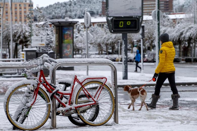Una mujer pasea a su perro por una calle de Burgos que presentaba este aspecto nevado debido al temporal Arwen