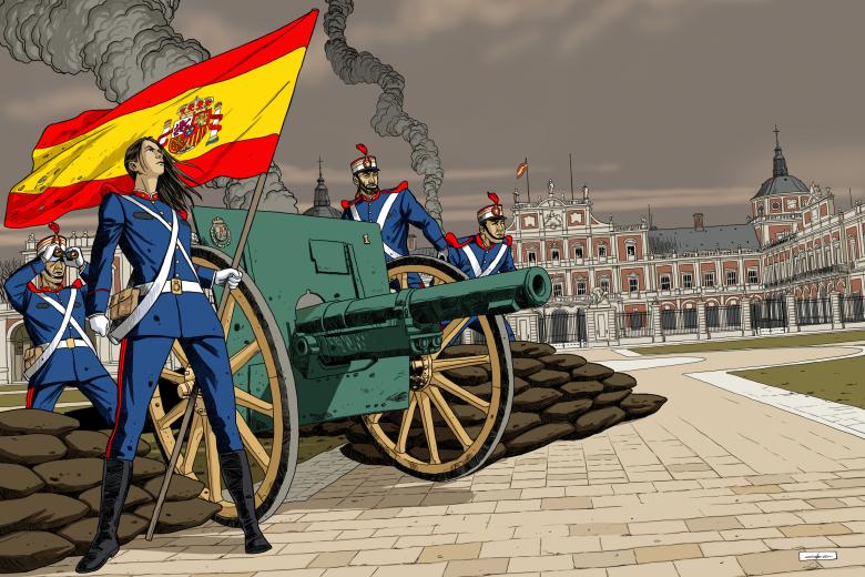 Los artilleros reales convierten al Palacio Real de Aranjuez en una fortaleza infranqueable, reza el mes de febrero del calendario.
