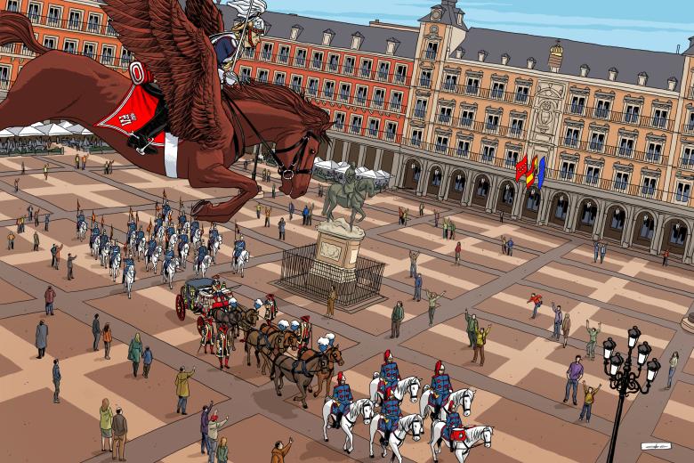 Un pegaso coracero por la Plaza Mayor de Madrid, a la llamada del Escuadrón de Escolta Real.