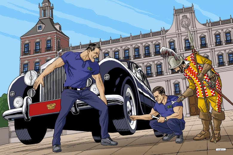 Un archero de la cuchilla auxilia a los hombres de mantenimiento frente al antiguo alcázar madrileño.