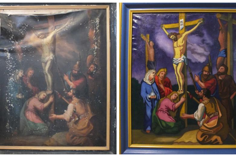 Uno de los cuadros de Vía Crucis, antes y después de la restauración de Patrick Quercy