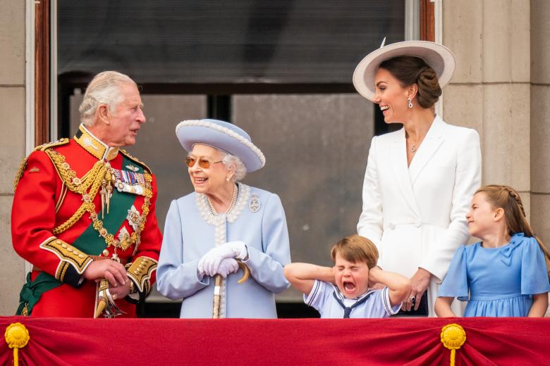 Queen Elizabeth II, Prince Charles, , Kate Middleton, Duchess of Cambridge with Princess Charlotte and Prince Louis during the Trooping the Colour ceremony in London, Thursday June 2, 2022, on the first of four days of celebrations to mark the Platinum Jubilee.