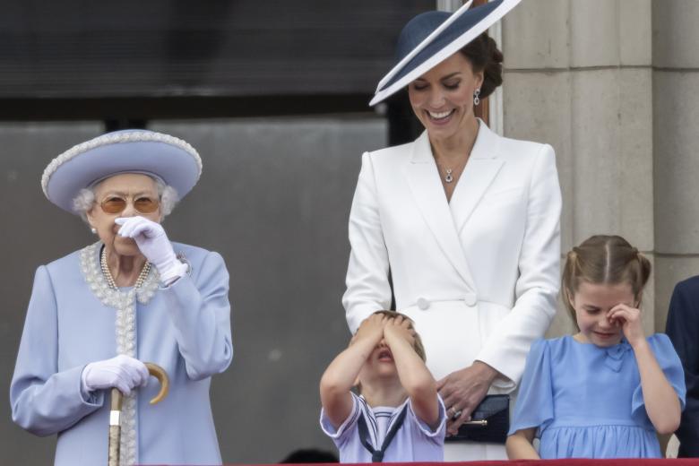 Queen Elizabeth II, Prince Louis, Kate Middleton, Duchess of Cambridge and Princess Charlotte during the Trooping the Colour ceremony in London, Thursday June 2, 2022, on the first of four days of celebrations to mark the Platinum Jubilee.