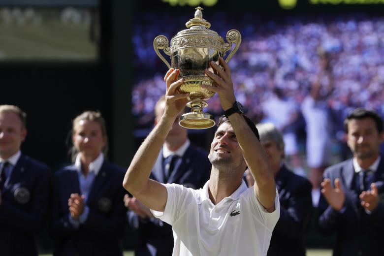 Novak Djokovic in the men's singles final match at the Wimbledon Tennis Championships in London, Sunday July 15, 2018.