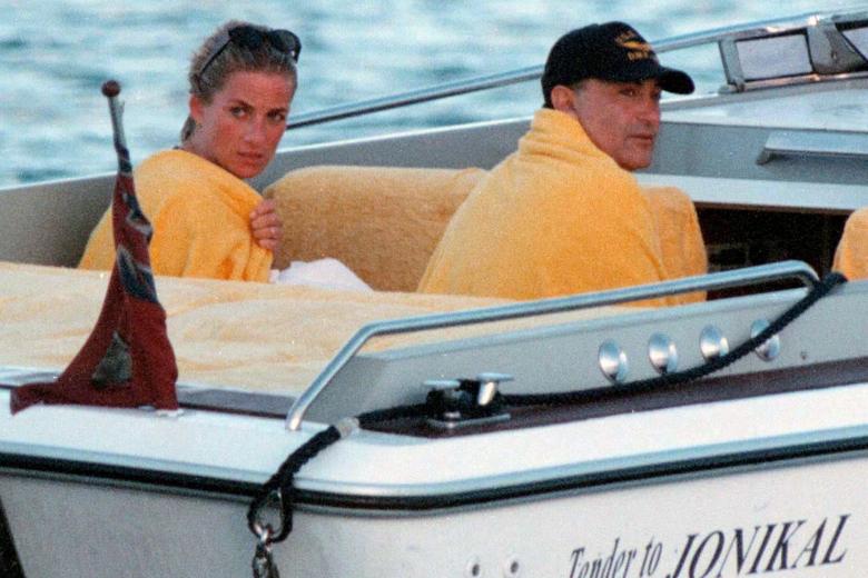 Princess Diana with Dodi Al Fayed in Sardinia. Half Length.