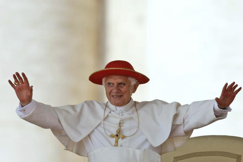 Pope Benedict XVI, wearing a Saturno hat, arrives for his general audience, in St Peter's Square at the Vatican, Wednesday, Aug. 4, 2010.