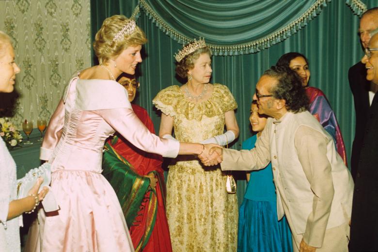 Mandatory Credit: Photo by Shutterstock (170042a)
Princess Diana, Queen Elizabeth II and Ravi Shankar
Banquet at St James's Court Hotel, London, Britain - 1990