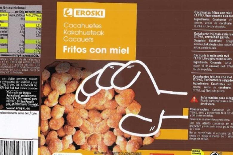 Marca Eroski: cacahuetes fritos con miel en bolsa de 100 gramos Lotes y fechas de consumo preferente: 1113804 del 17/3/2023 al 25/5/2023 1114211 del 17/3/2023 al 25/5/2023 1114417 del 17/3/2023 al 25/5/2023 1114619 del 17/3/2023 al 25/5/2023