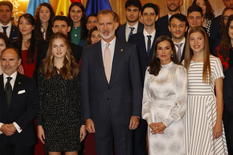 Spanish King Felipe VI and Queen Letizia with daughters Princess of Asturias Leonor de Borbon and Sofia de Borbon during an audience with the winners of finally college career of Oviedo University awards in Oviedo, on Friday 28 October 2028.