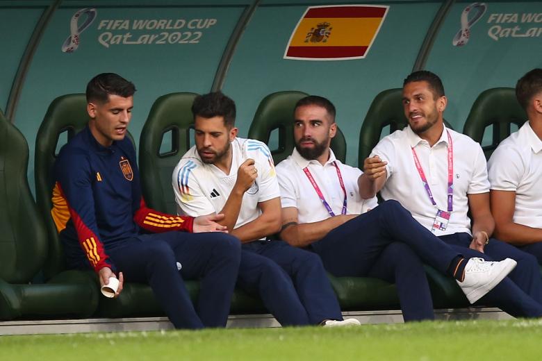 Editorial Use Only
Mandatory Credit: Photo by Michael Zemanek/Shutterstock (13651657c)
Alvaro Morata of Spain tips his coffee away as he sits with team mates in the dug out.
Morocco v Spain, FIFA World Cup 2022, Round of 16, Football, Education City Stadium, Doha, Qatar - 06 Dec 2022 *** Local Caption *** .