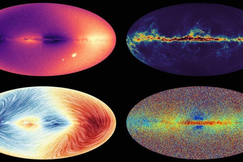 Cuatro mapas del cielo elaborados con los nuevos datos de Gaia, publicados el pasado 13 de junio de 2022.
