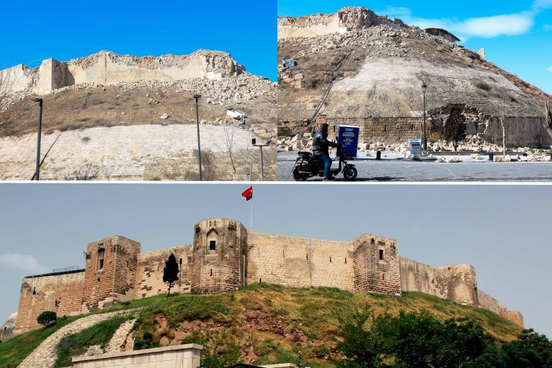Abajo el castillo de Gaziantep, en la localidad homónima de Turquía, y arriba su estado tras los devastadores terremotos
