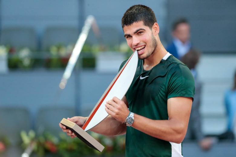 Tennisplayer Carlos Alcaraz during the men's final trophy ceremony on day 14 of the US Open 2022, in New York, United States