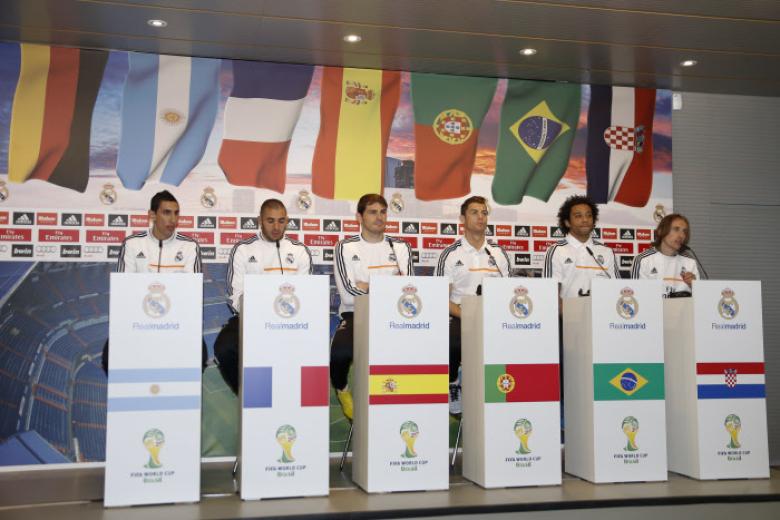 Iker Casillas, Cristiano Ronaldo, Marcelo Vieira, Angel Di Maria, Karim Benzema y Luka Modric durante un evento antes del Mundial 2014