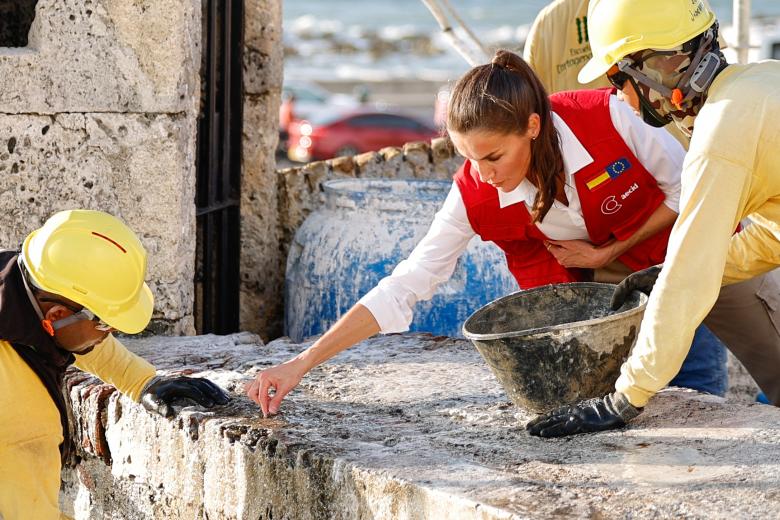 Spanish Queen Letizia during a visit to Escuela Taller de Cartagena de Indias on occasion of her official visit to Colombia in Cartagena on Tuesday, 14 June 2023.