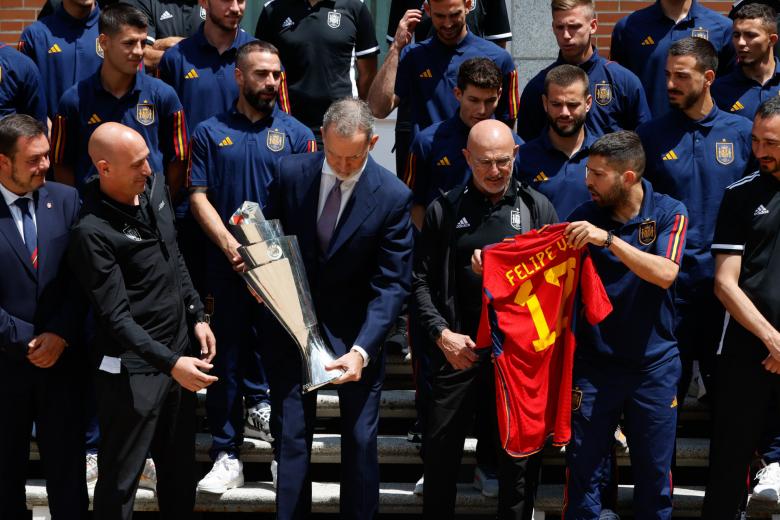 Spanish King Felipe VI during an audience with the Spanish soccer team after winning Uefa National League 2023 on Monday June 19, 2023.