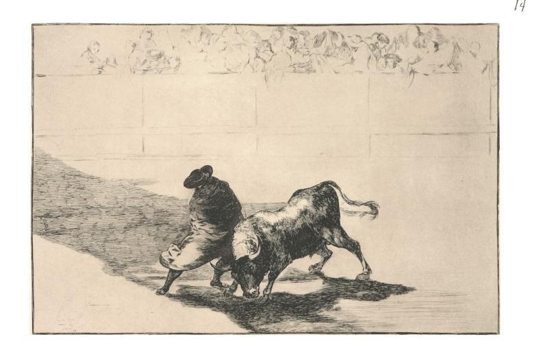Francisco de Goya (1746-1828).
El diestrísimo estudiante de Falzes, embozado, burla al toro con sus quiebros
1814-1816