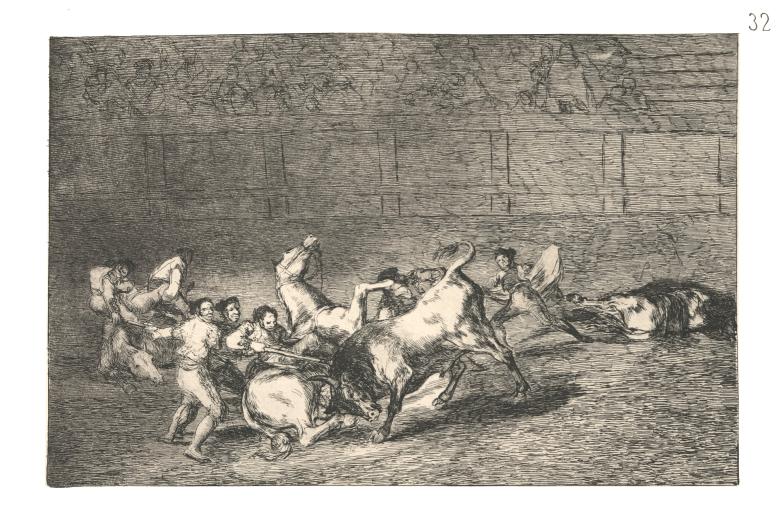 Francisco de Goya (1746-1828).
Dos grupos de picadores arrollados de seguida por un solo toro
1814-1816