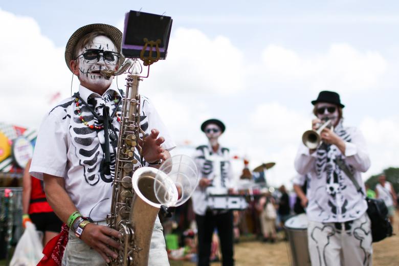 The Skaletons perform in the Bandstand area at the Glastonbury Festival in Pilton, Britain, 23 June 2023. The Glastonbury Festival is a five-day festival of music, dance, theatre, comedy and performing arts running from 21 to 25 June 2023