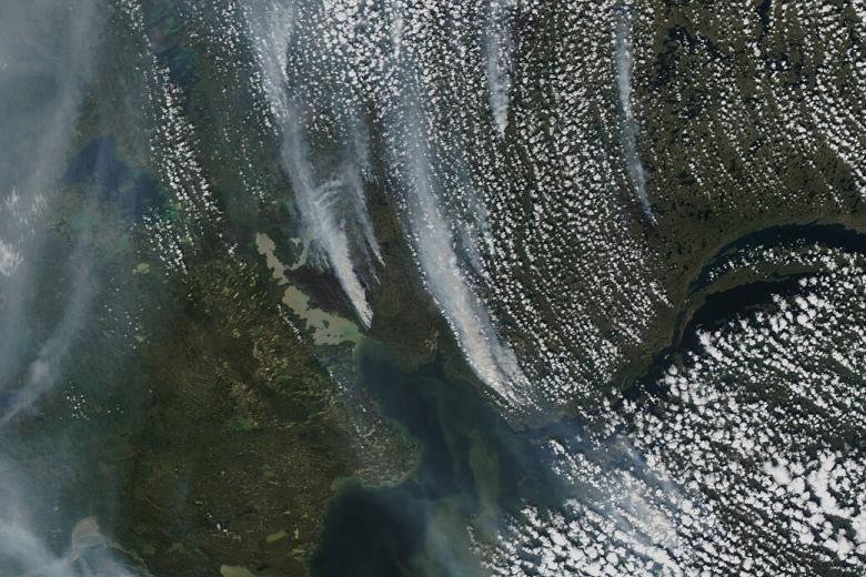 El 8 de agosto de 2023, el espectrorradiómetro de imágenes de resolución moderada del satélite Aqua de la NASA capturó esta imagen de densas columnas de humo que surgen de docenas de grandes incendios en los Territorios del Noroeste.