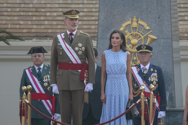 Spanish King Felipe VI and Letizia Ortiz during Flag Pledge (Jura de Bandera) ceremony as a cadet of the Zaragoza Military Academy in Zaragoza on Saturday, 7 October 2023.