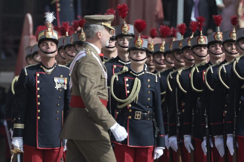 Spanish King Felipe VI and Princess of Asturias Leonor de Borbon during Flag Pledge (Jura de Bandera) ceremony as a cadet of the Zaragoza Military Academy in Zaragoza on Saturday, 7 October 2023.