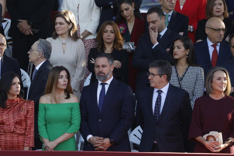 Patxi Lopez , Santiago Abascal y Cuca Gamarra attending a military parade during the known as Dia de la Hispanidad, Spain's National Day, in Madrid, on Thursday 12, October 2023.