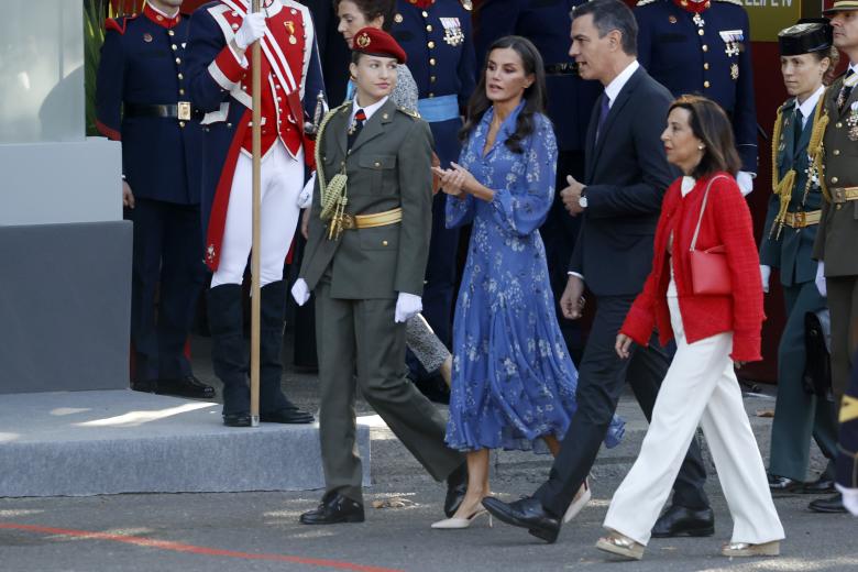 Spanish Queen Letizia with Princess Leonor de Borbon and Pedro Sanchez and Margarita Robles attending a military parade during the known as Dia de la Hispanidad, Spain's National Day, in Madrid, on Thursday 12, October 2023.