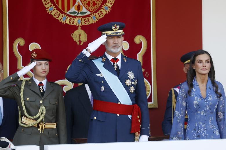 SPanish King Felipe VI and Letizia with Princess Leonor de Borbon attending a military parade during the known as Dia de la Hispanidad, Spain's National Day, in Madrid, on Thursday 12, October 2023.