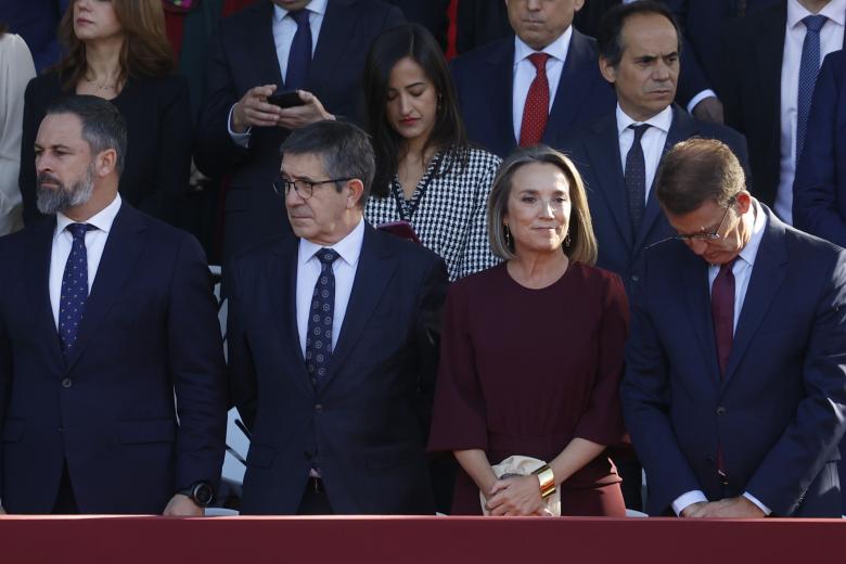 Patxi Lopez , Santiago Abascal, Cuca Gamarra,Alberto Nuñez Feijoo attending a military parade during the known as Dia de la Hispanidad, Spain's National Day, in Madrid, on Thursday 12, October 2023.