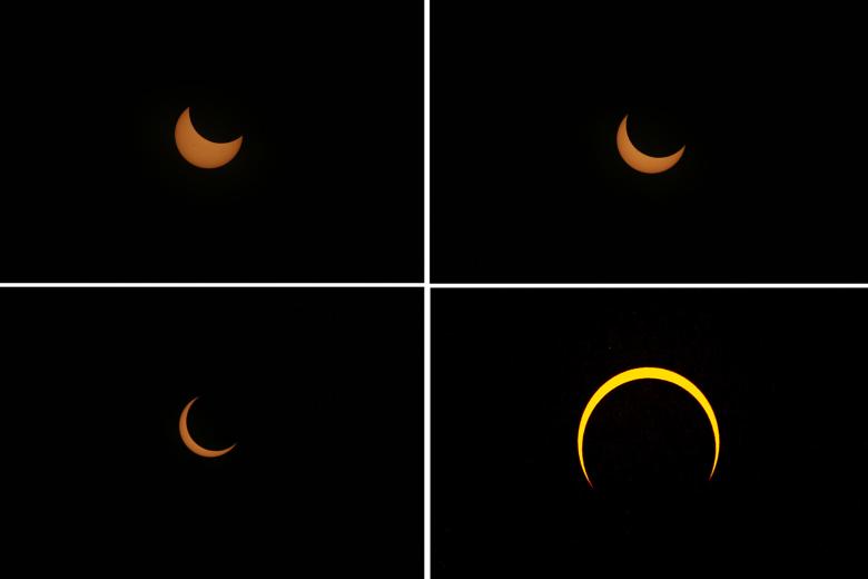 Combo de fotografías que muestra hoy la secuencia del eclipse solar anular, denominado “el anillo de fuego”, desde la ciudad de Mérida en el estado de Yucatán (México)