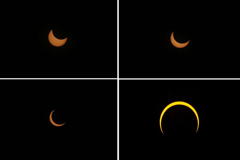 Combo de fotografías que muestra hoy la secuencia del eclipse solar anular, denominado “el anillo de fuego”, desde la ciudad de Mérida en el estado de Yucatán (México)