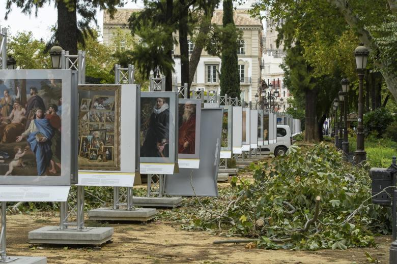 Ramas de los árboles caídas en los Jardines de Cristina de Sevilla, donde está instalada la exposición al aire libre de reproducciones de obras del Museo Nacional del Prado, ‘El Prado en las calles